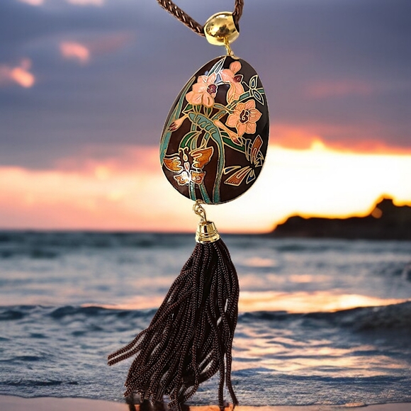 Vtg Cloisonne‎ Tassel Butterfly Necklace 70s Pendant Woven Cord Brown Dual Sided - Picture 13 of 16